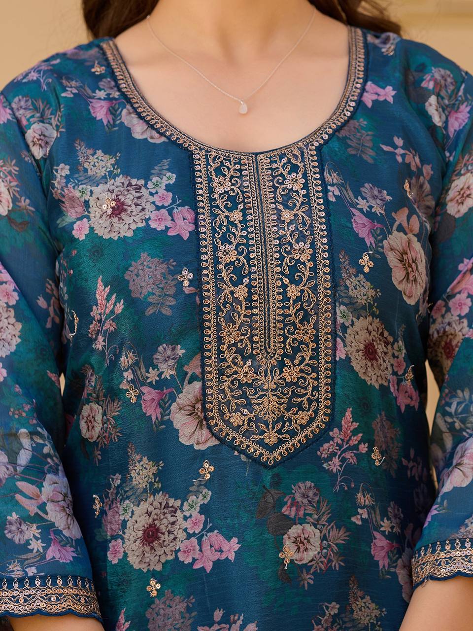 Floral Embroidered Chinon Suit Set with Sequins