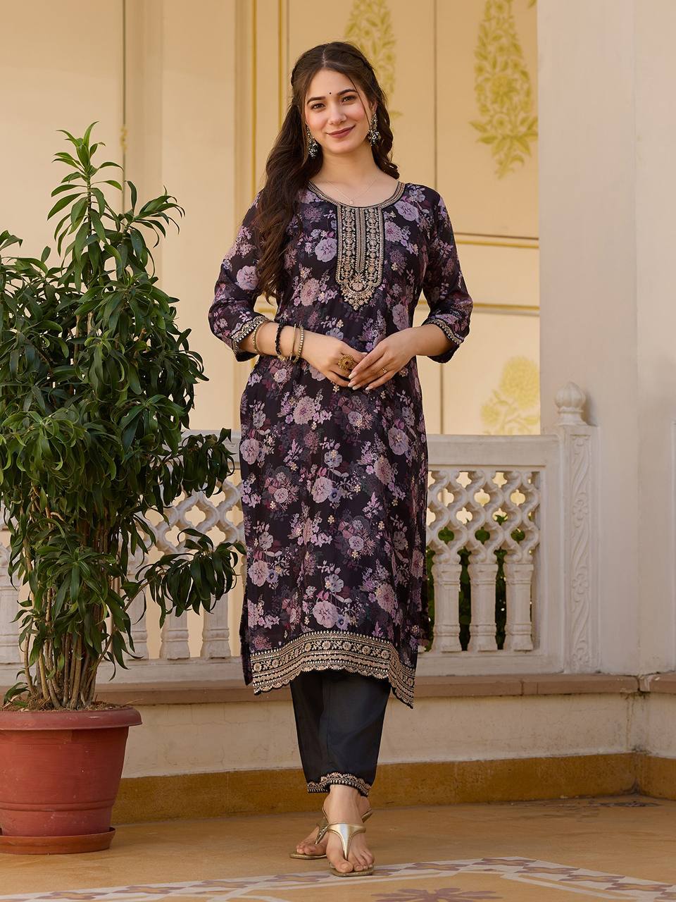 Floral Embroidered Chinon Suit Set with Sequins