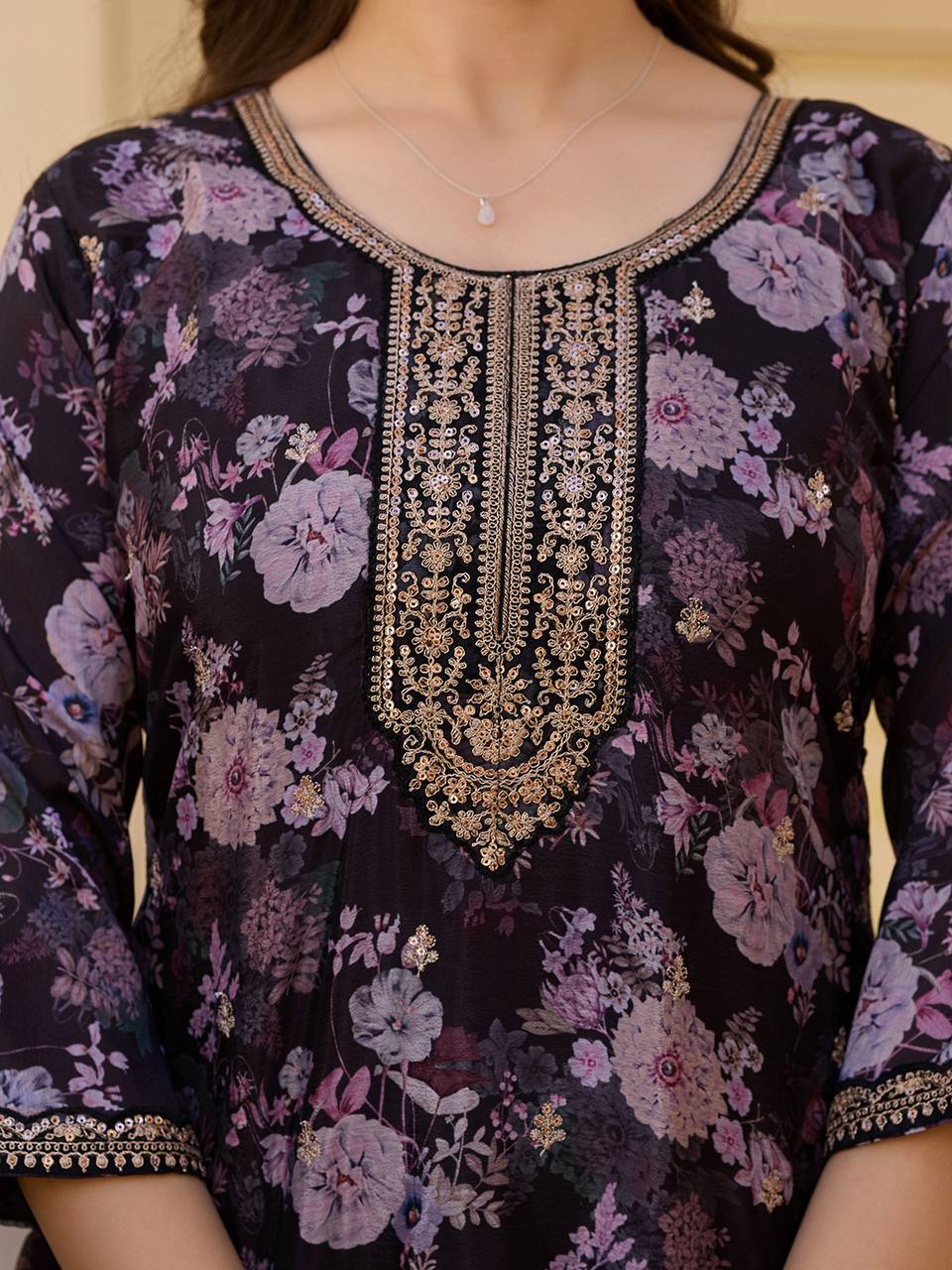 Floral Embroidered Chinon Suit Set with Sequins