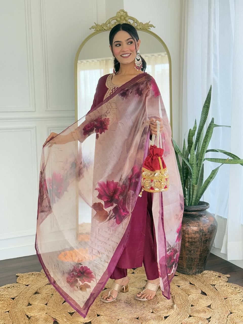 Embroidered Wine Rayon Kurti Set with Dupatta