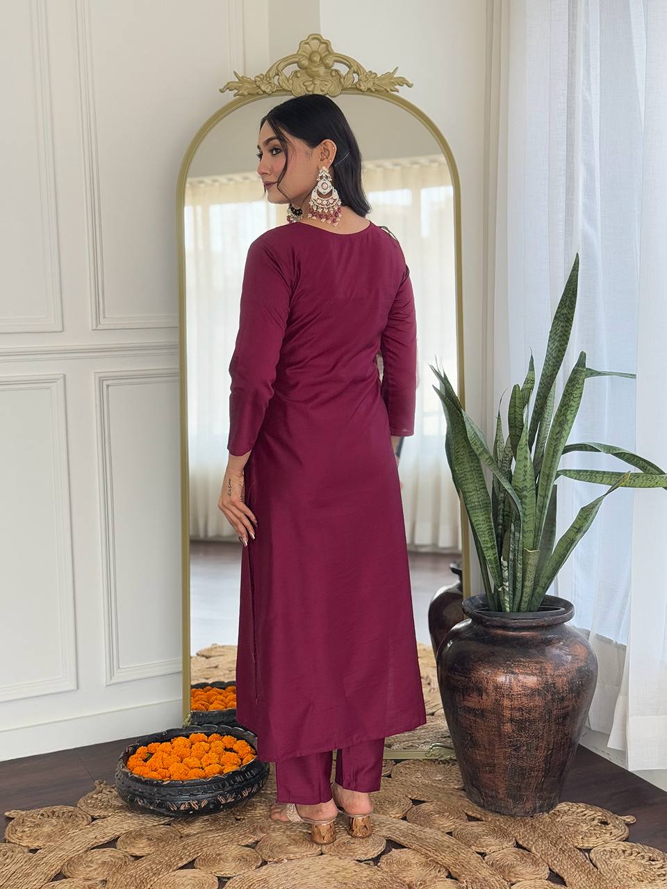 Embroidered Wine Rayon Kurti Set with Dupatta