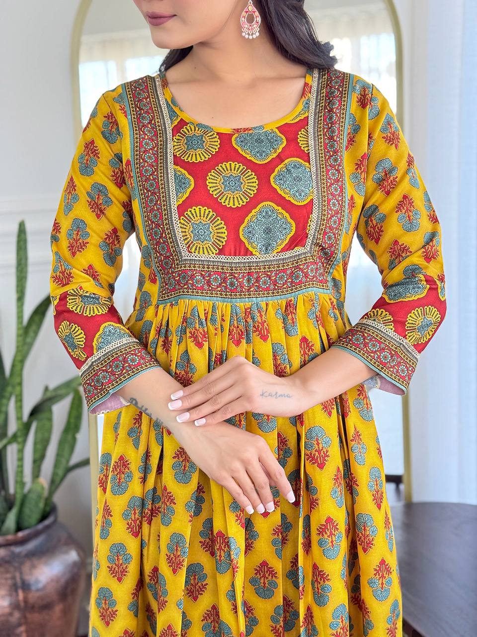 Yellow & Red Printed Kurti Set