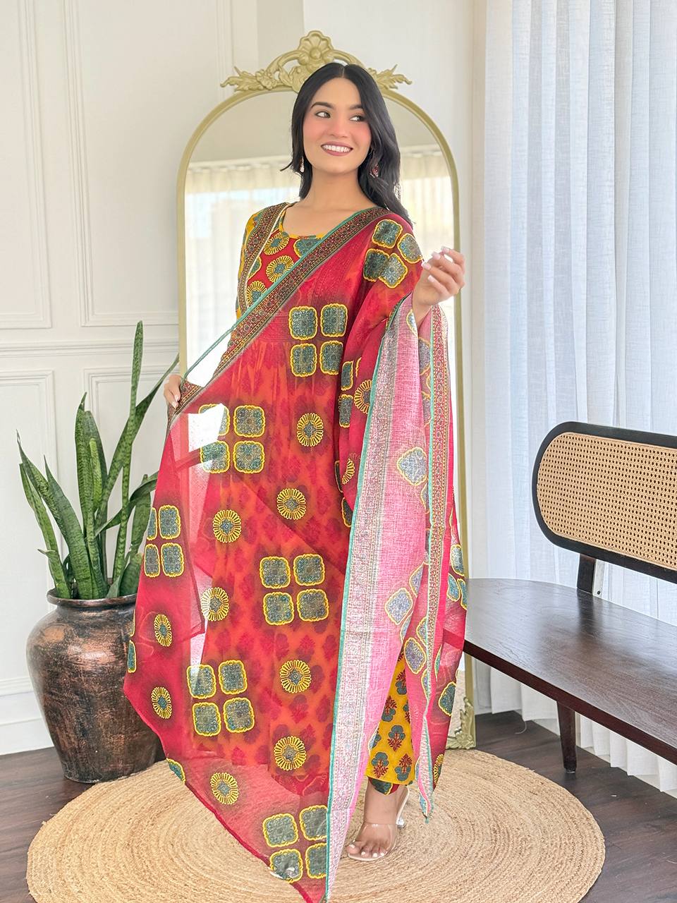 Yellow & Red Printed Kurti Set