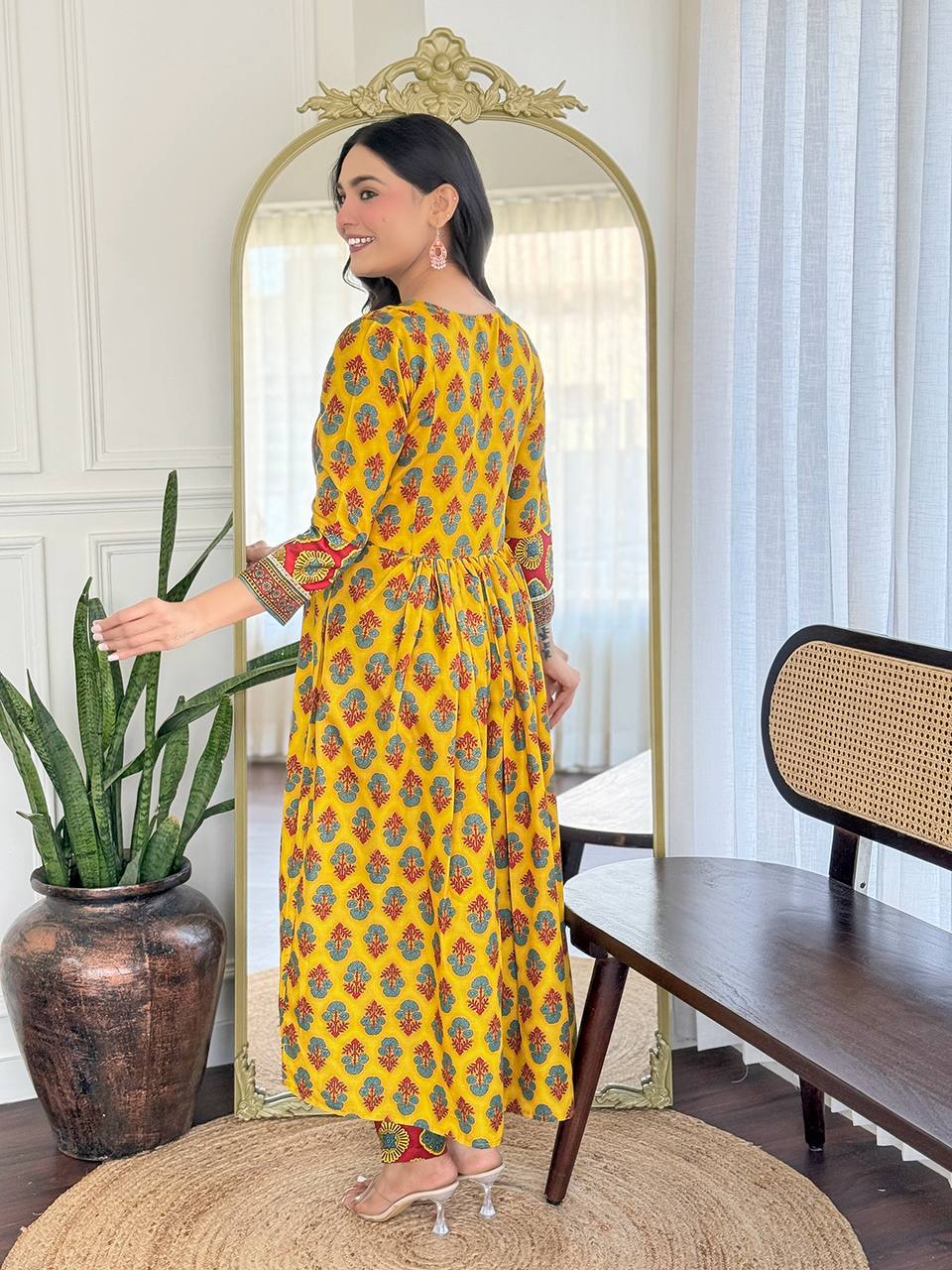 Yellow & Red Printed Kurti Set