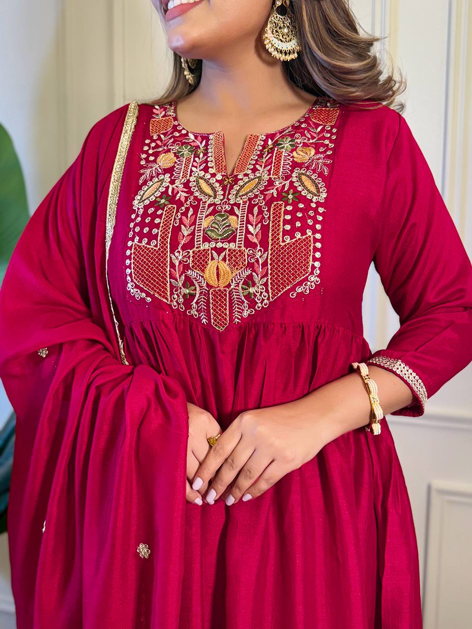 Wine Embroidered Kurti Set with Chinon Dupatta