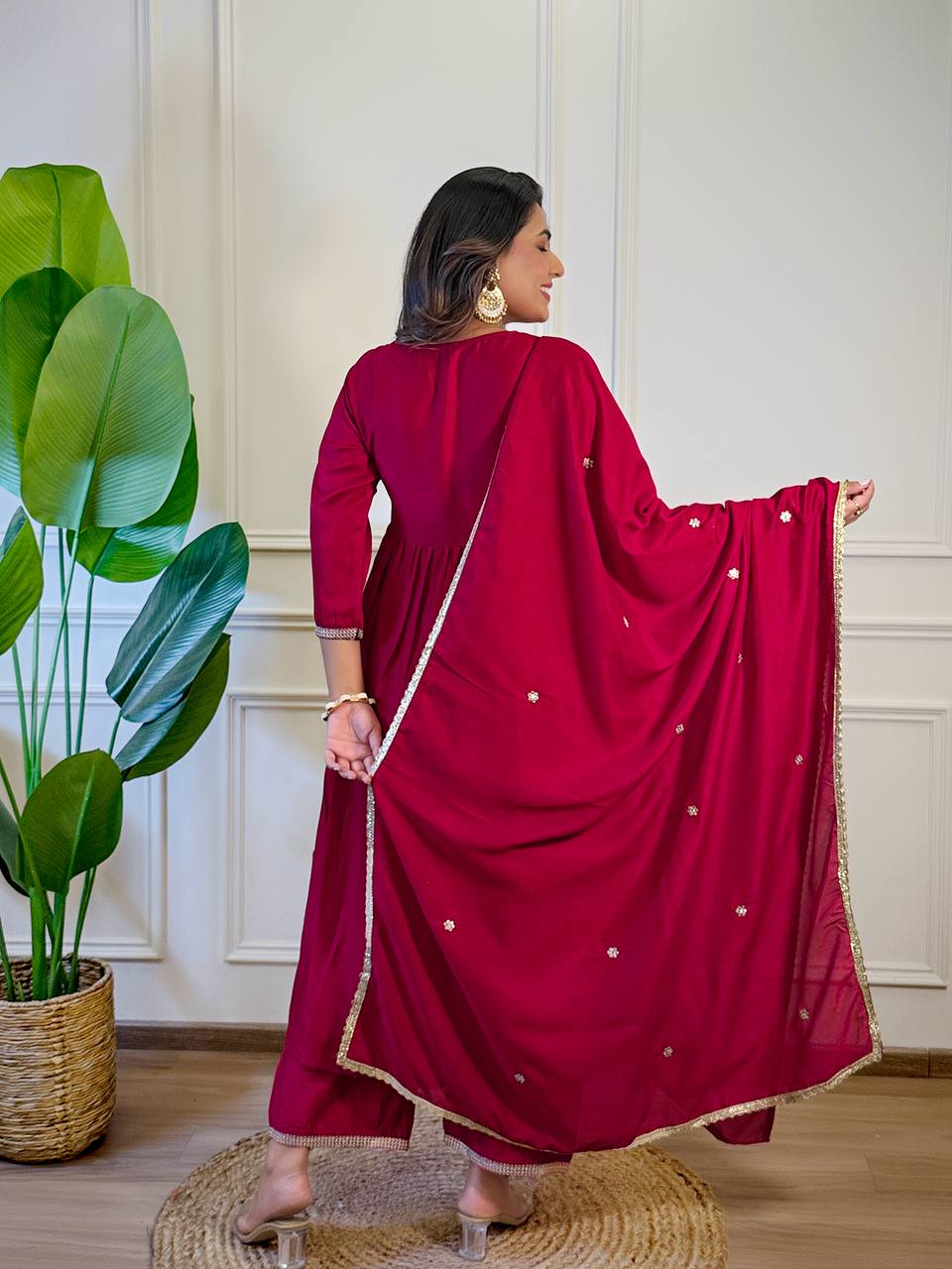 Wine Embroidered Kurti Set with Chinon Dupatta