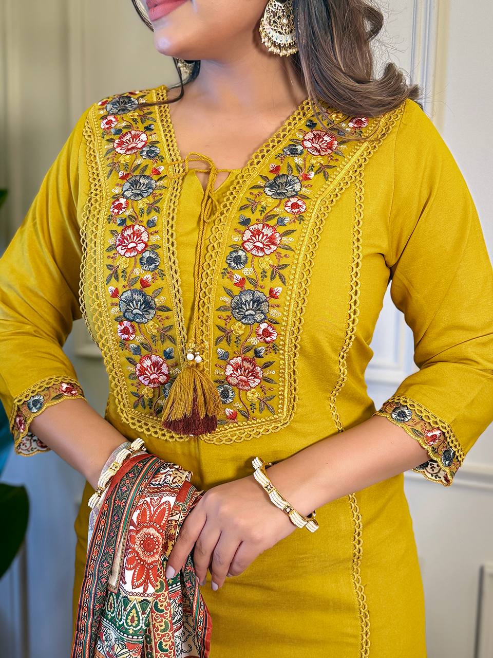 Mustard Viscose Embroidered Kurti Set with Dupatta