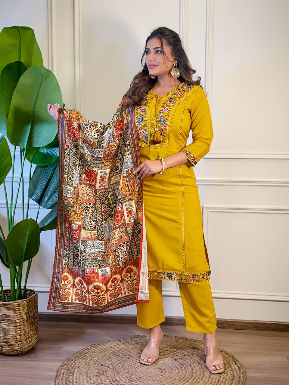 Mustard Viscose Embroidered Kurti Set with Dupatta