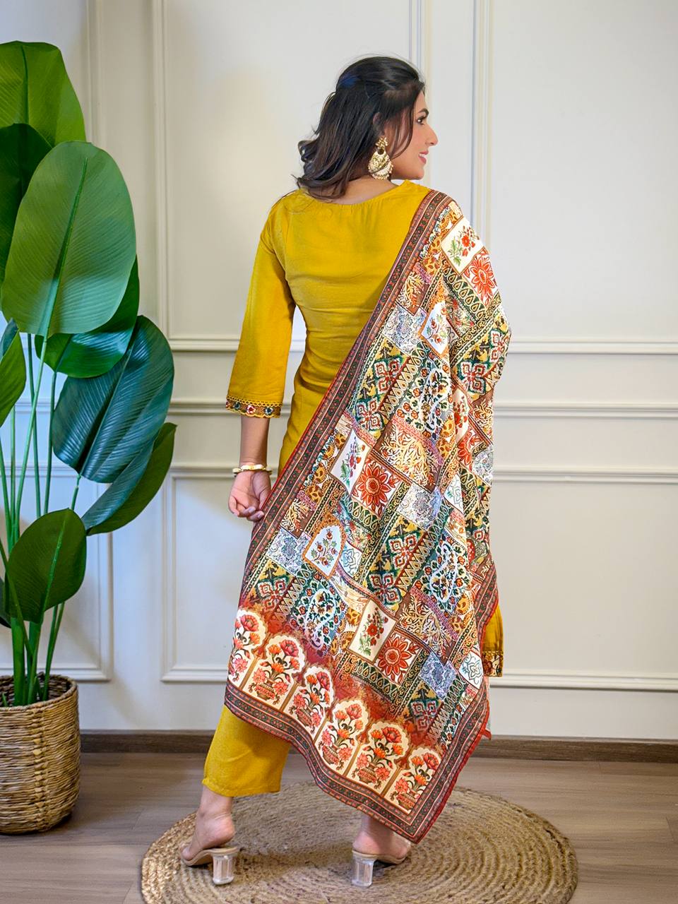 Mustard Viscose Embroidered Kurti Set with Dupatta