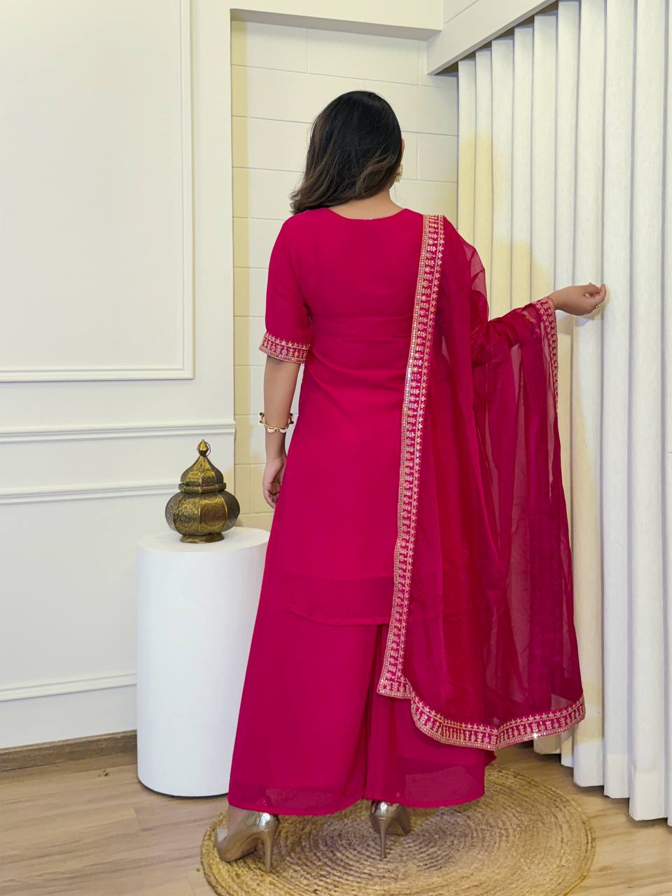 Embroidered Kurti Set with Dupatta - Fuchsia Pink