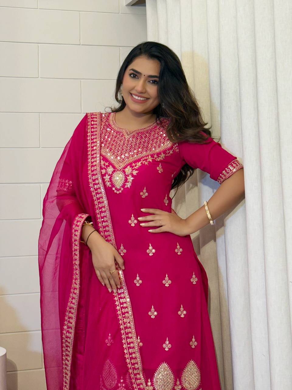 Embroidered Kurti Set with Dupatta - Fuchsia Pink