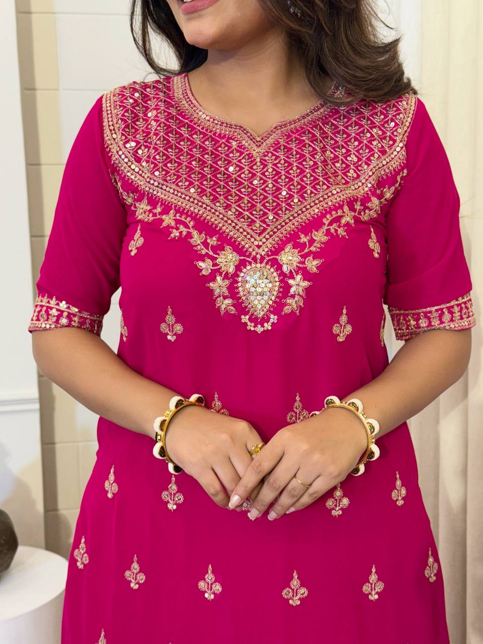 Embroidered Kurti Set with Dupatta - Fuchsia Pink