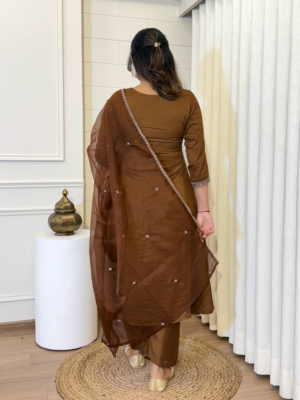 Embroidered Vichitra Silk Kurta Set - Coffee Brown