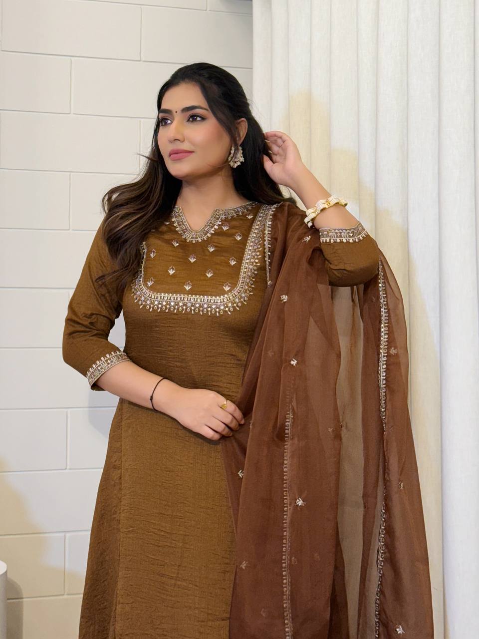 Embroidered Vichitra Silk Kurta Set - Coffee Brown