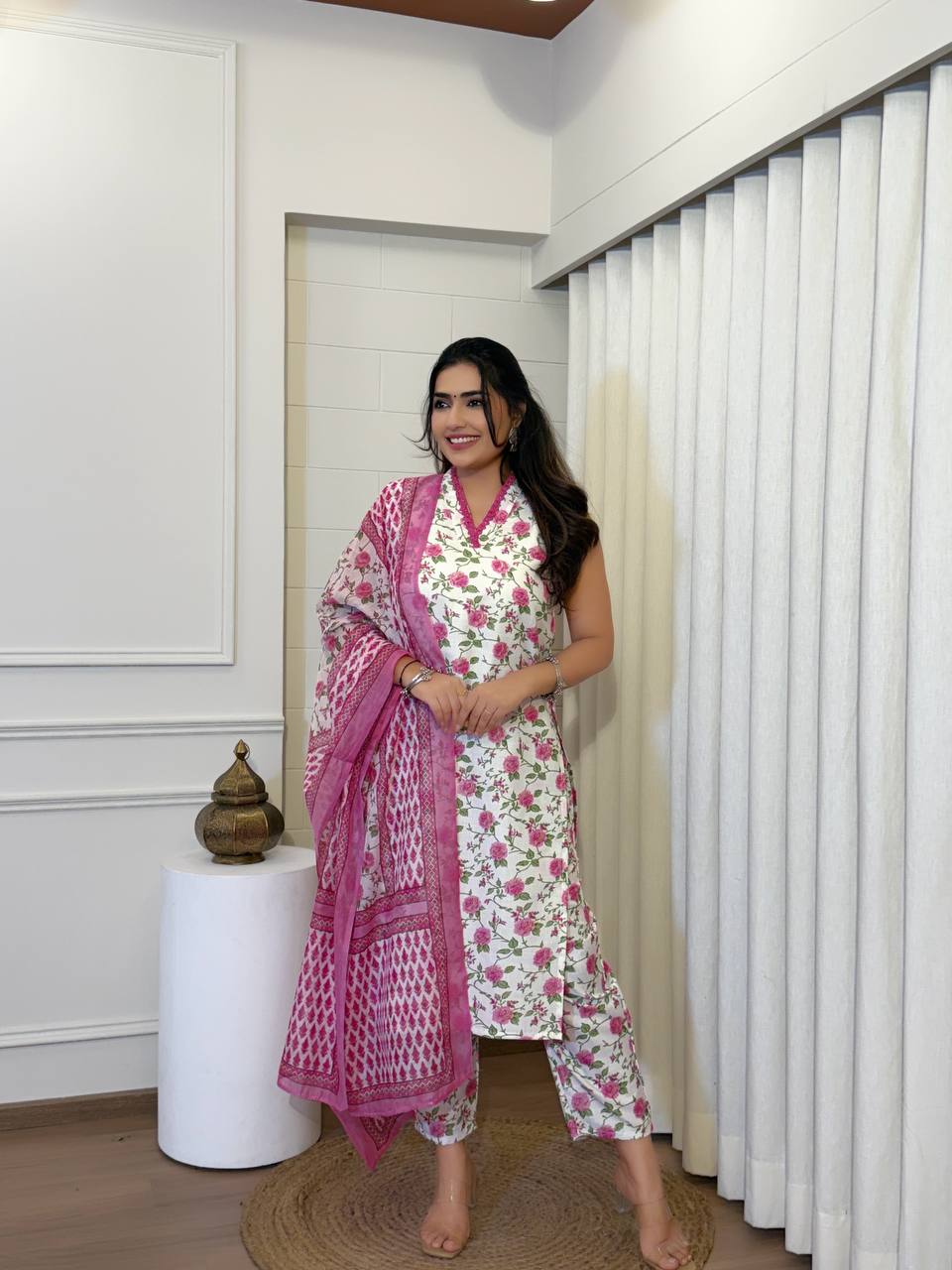 Floral Bliss Cotton Slub Kurti Set with Chanderi Dupatta