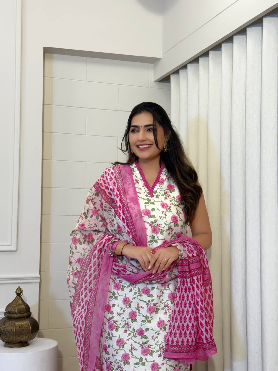Floral Bliss Cotton Slub Kurti Set with Chanderi Dupatta