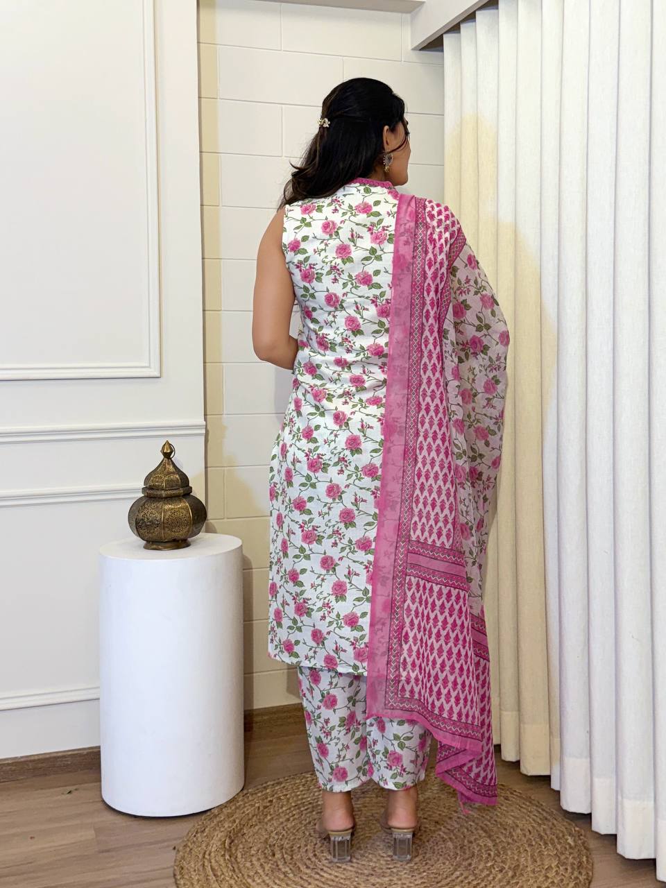 Floral Bliss Cotton Slub Kurti Set with Chanderi Dupatta