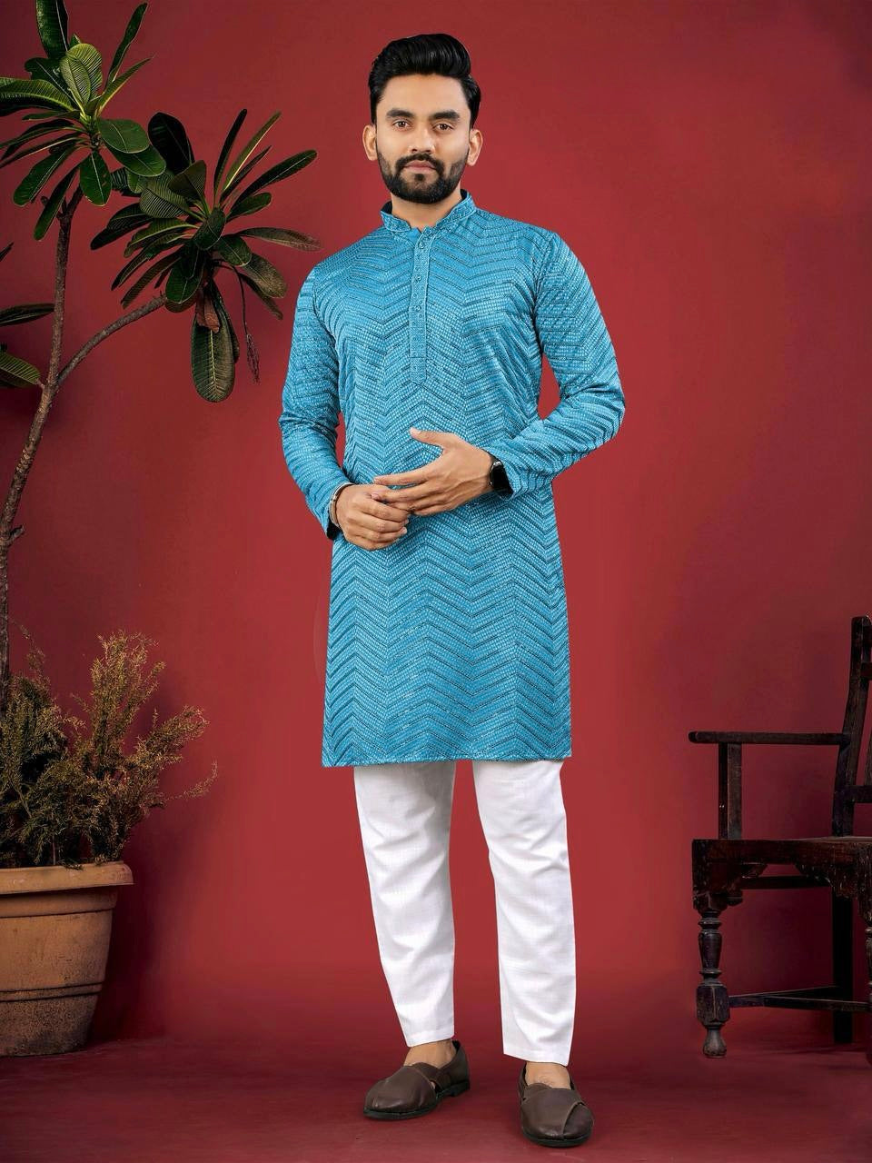 Chikankari Embroidered Men Kurta Set