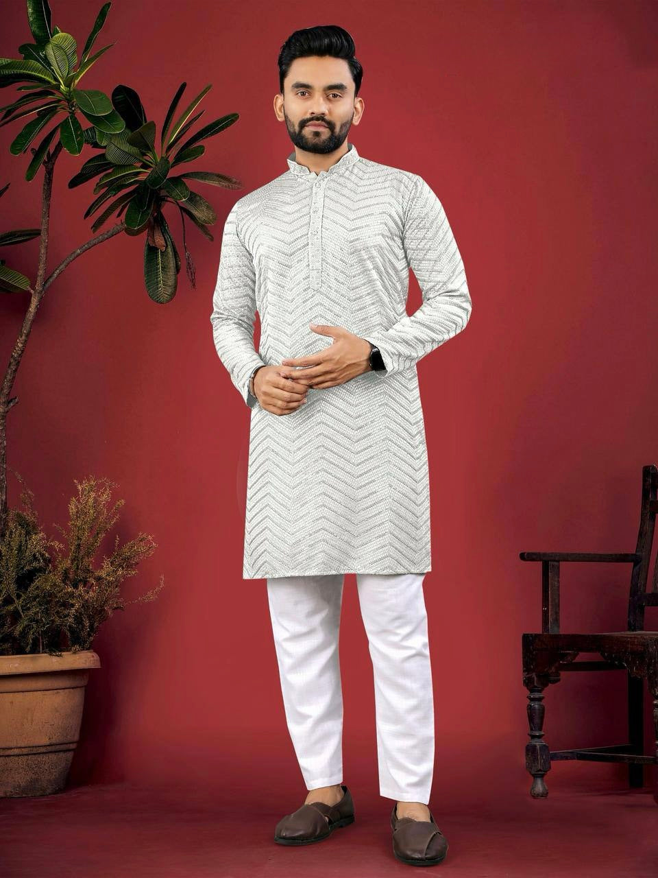 Chikankari Embroidered Men Kurta Set