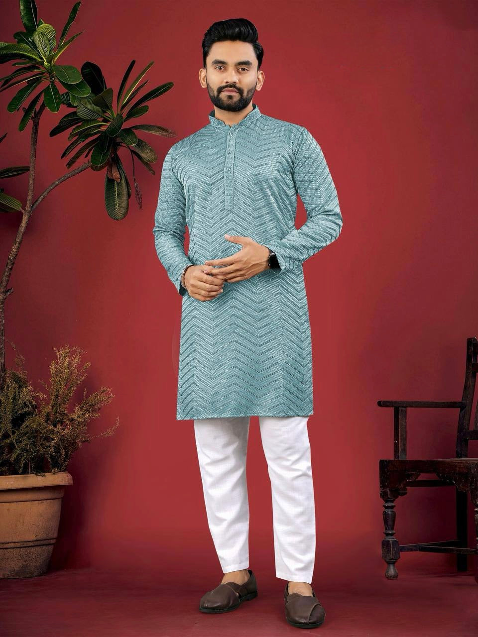 Chikankari Embroidered Men Kurta Set