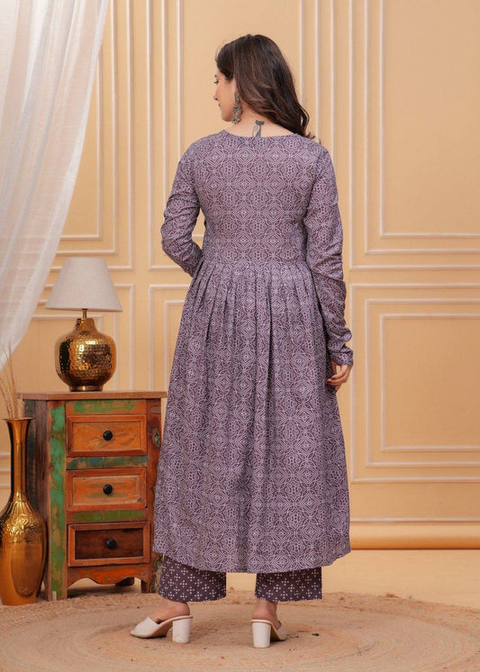 Purple Rayon Printed Kurti Pant with Dupatta