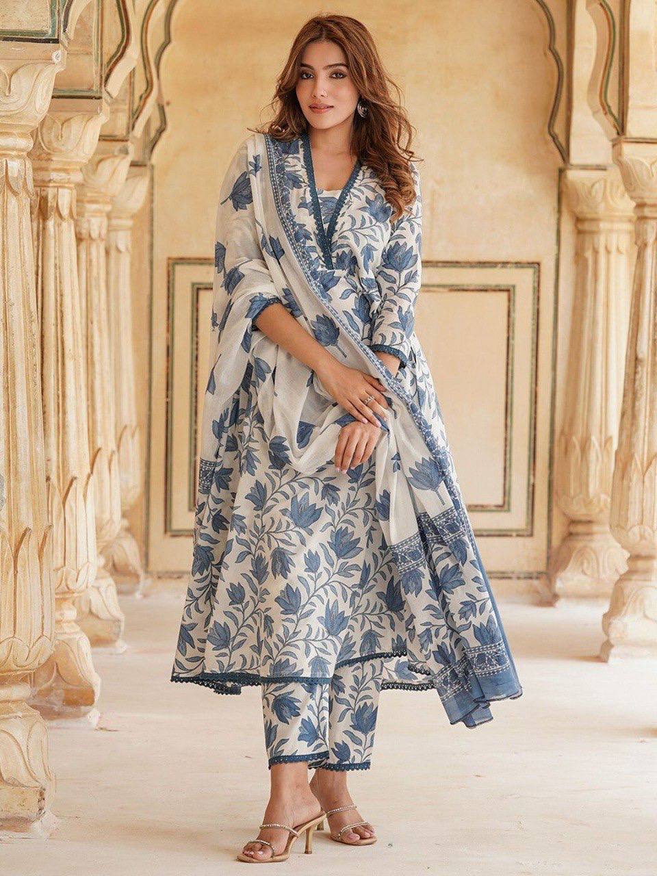 White & Blue Kurti, Pant with Dupatta