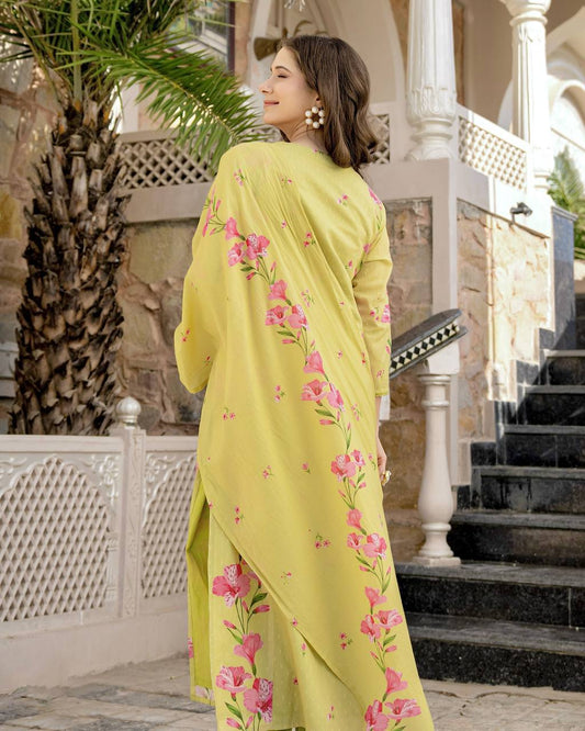 Floral Printed Lemon Kurti Pants Set