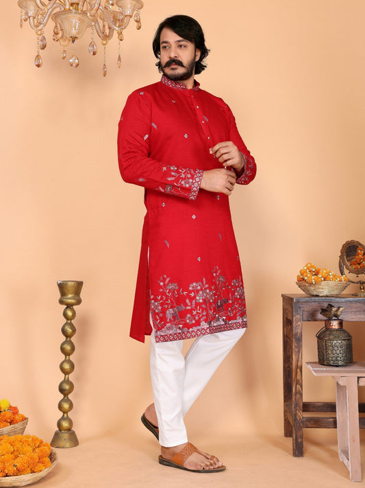 Men Linen Cotton Kurta with Pants Set