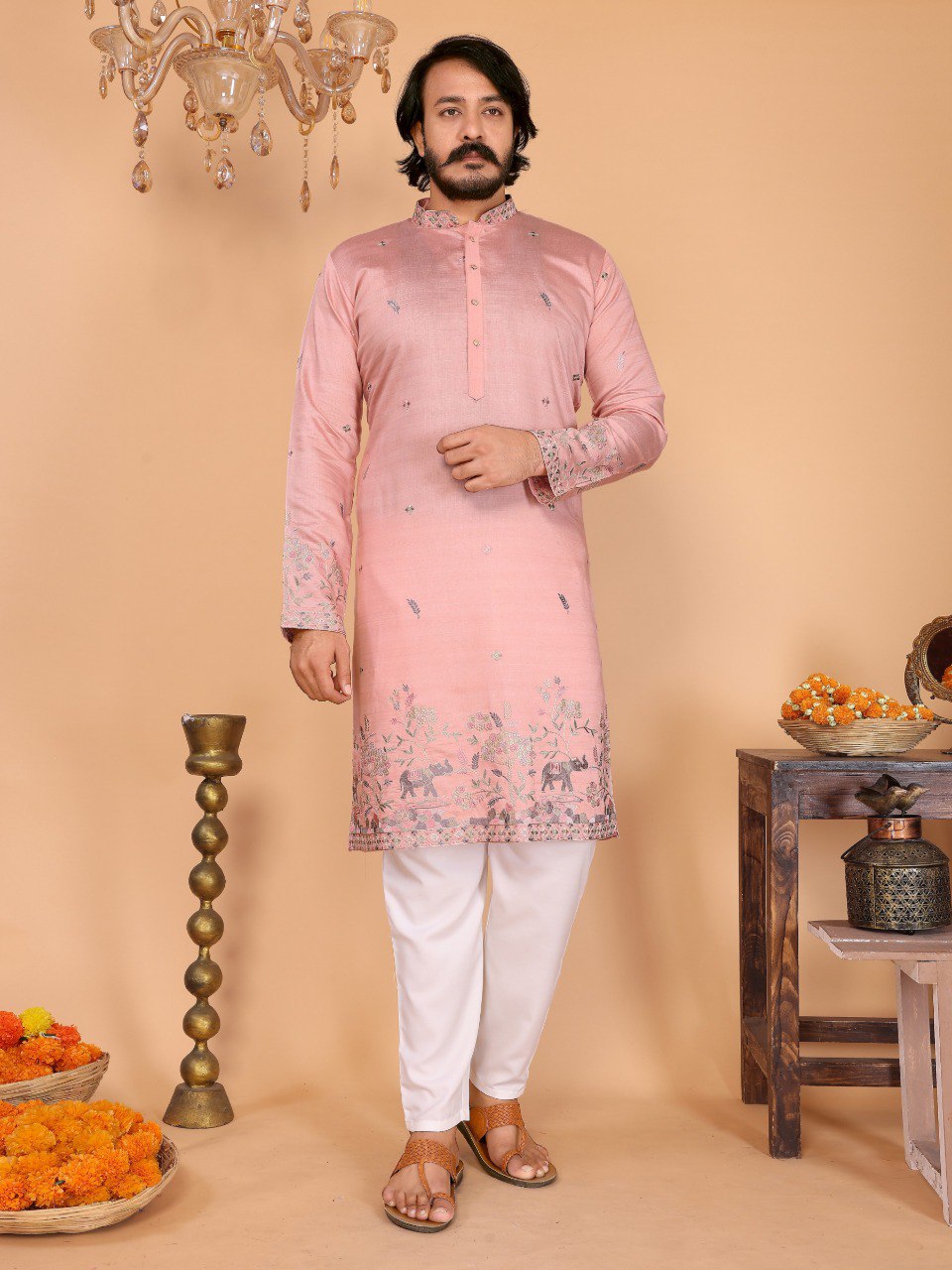 Men Linen Cotton Kurta with Pants Set