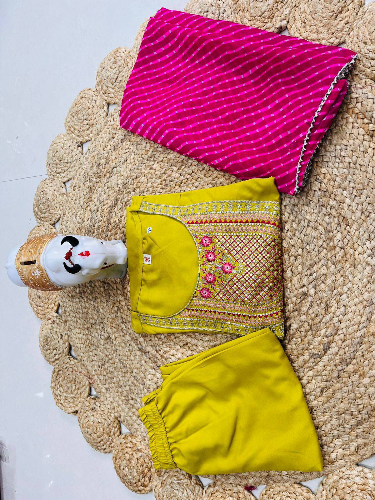 Green Embroidered Rayon Straight Kurta Set with Georgette Dupatta