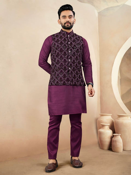 Men’s Velvet Embroidered Nehru Jacket Set