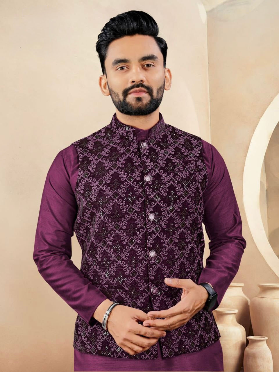 Men’s Velvet Embroidered Nehru Jacket Set