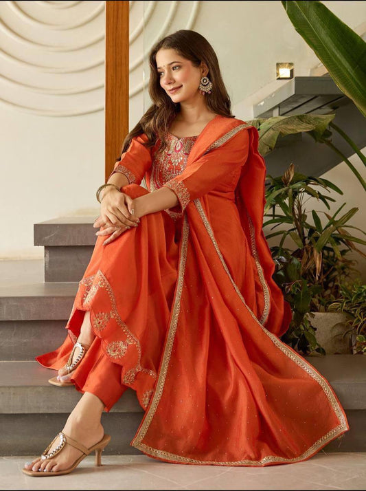 Women's Rust Vichitra Silk Kurti Set with Pant