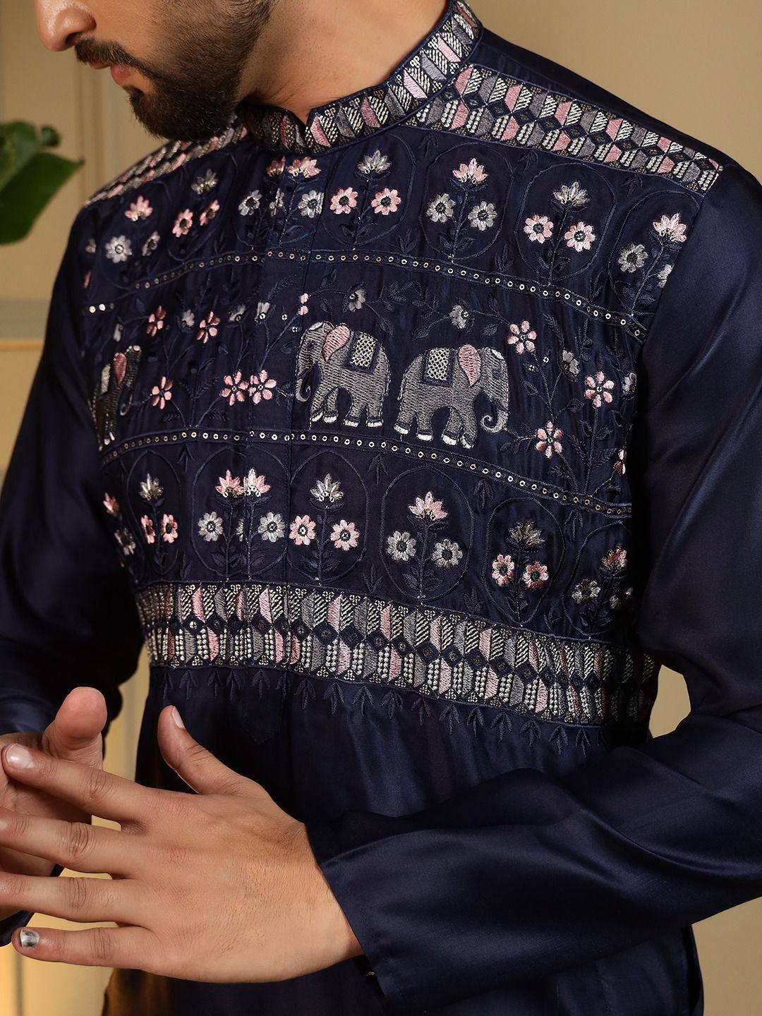 Men's Kurta Set with Elephant Motif & Floral Embroidery