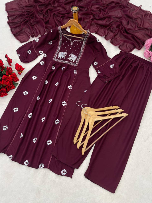 women purple vichitra silk kurti set with duppata and pants