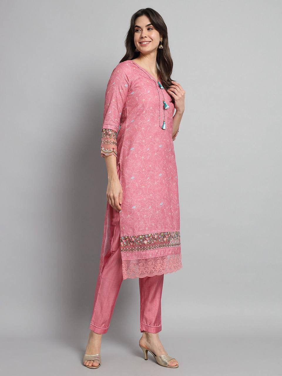 Pink Embroidered Straight Kurti & Pants with Dupatta Set