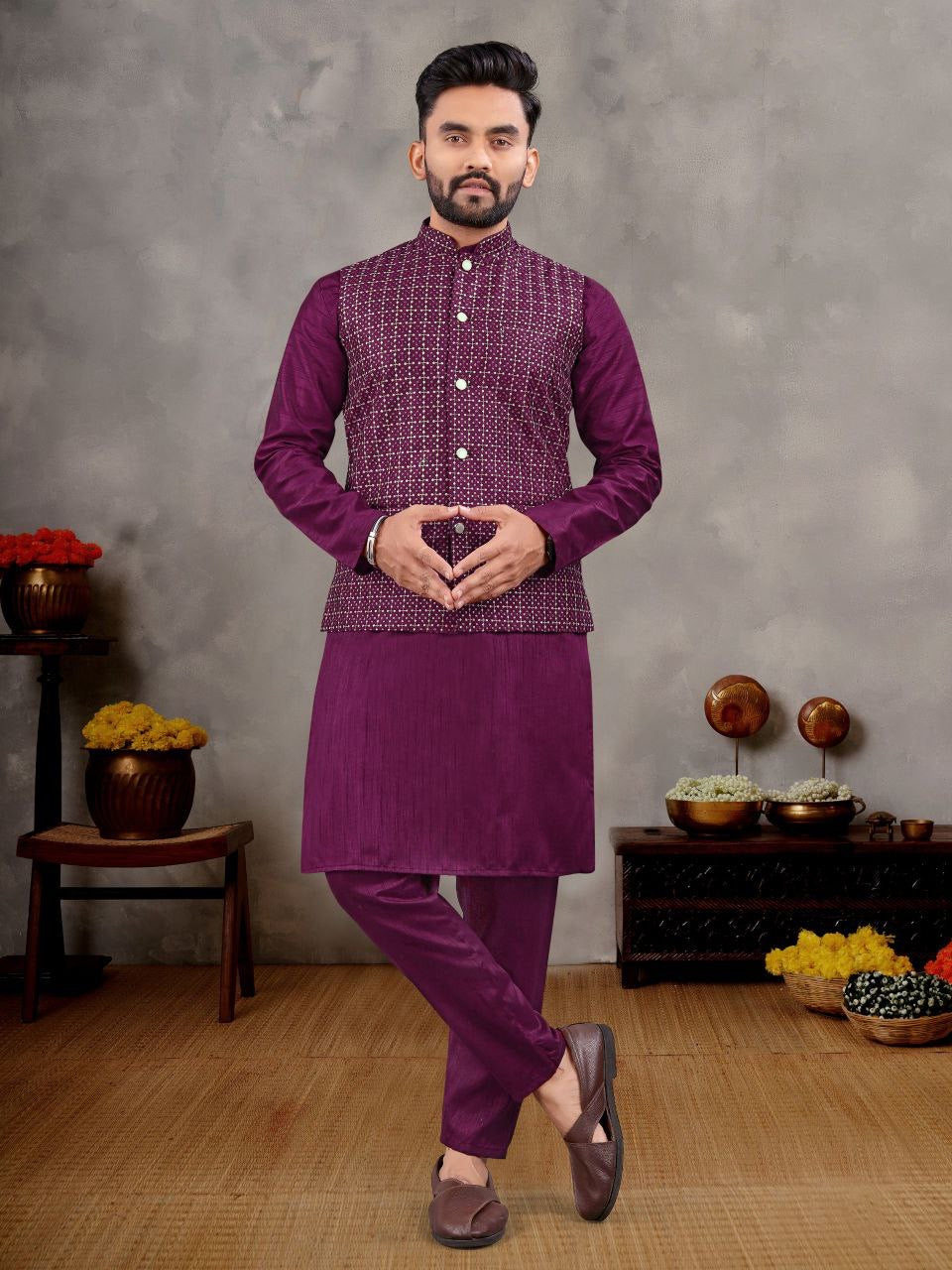 Purple Nehru Jacket Kurta with Pants for Wedding Season