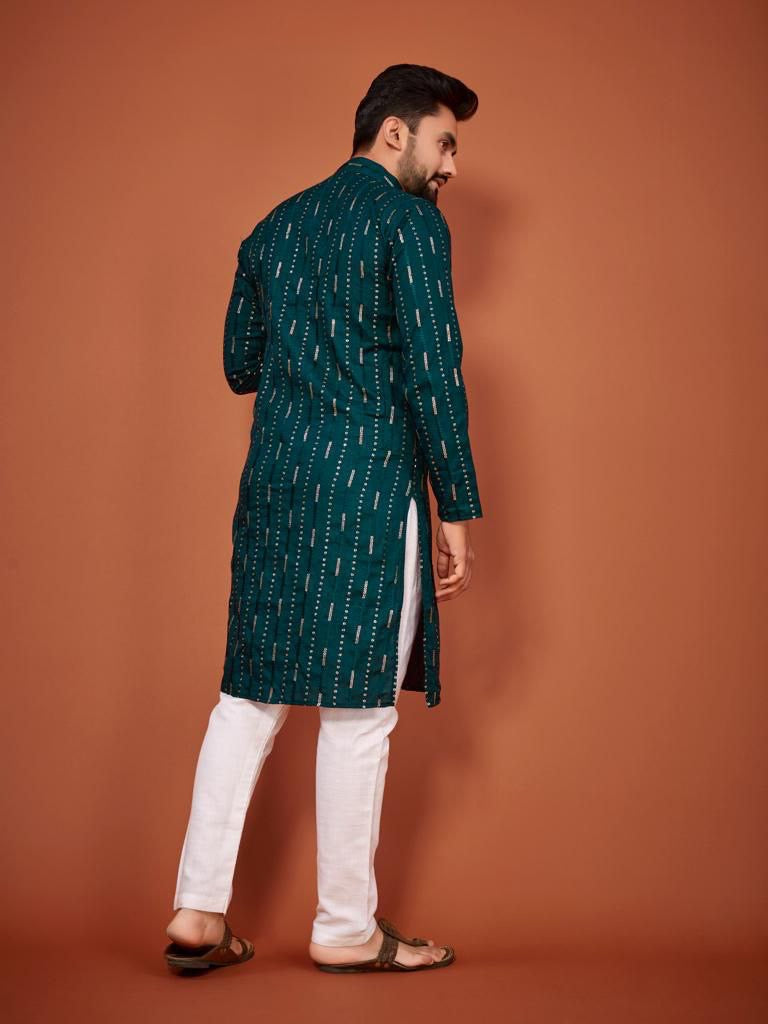 Cotton Embroidered Kurta with Pyjamas - Teal