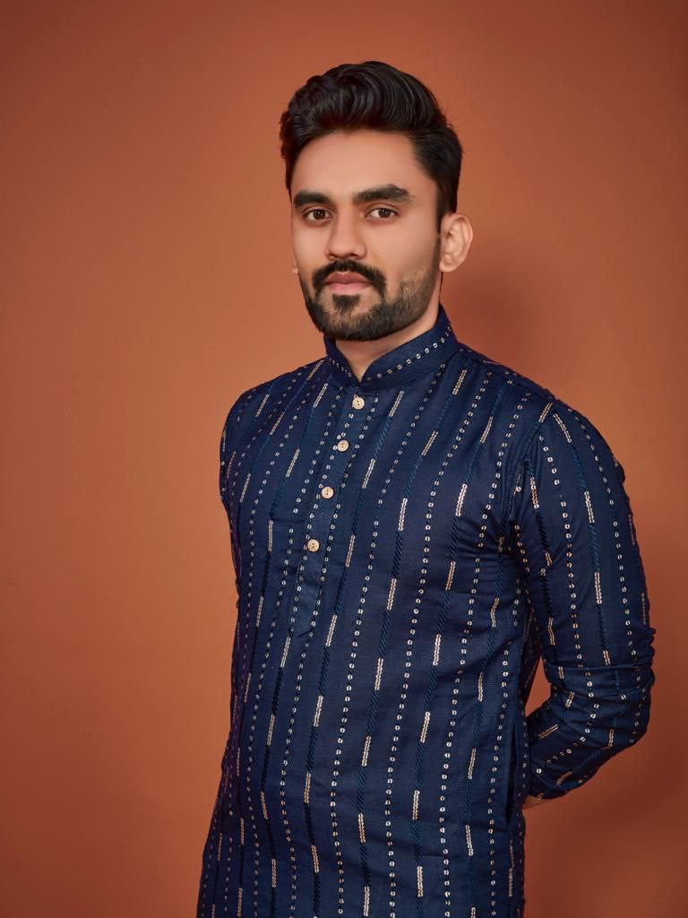 Cotton Embroidered Kurta with Pyjamas - Blue