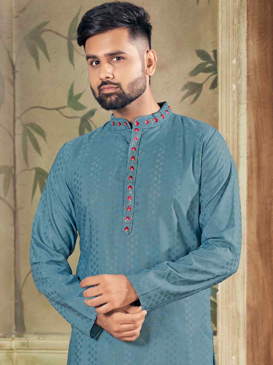 Anantam Greyish Blue Pure Viscose Embroidered Kurta Set