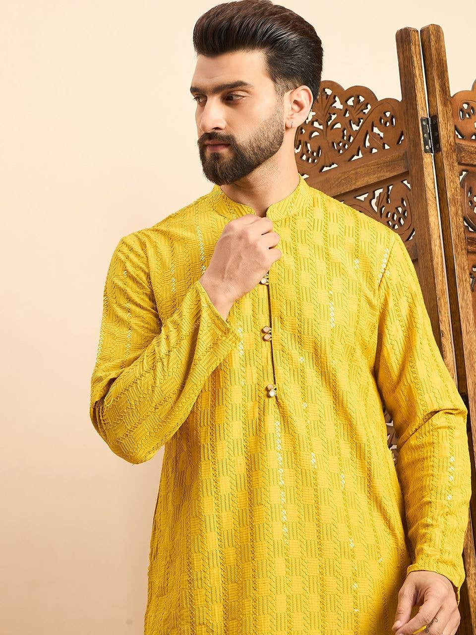 Yellow Rayon Kurta with Sequins Work