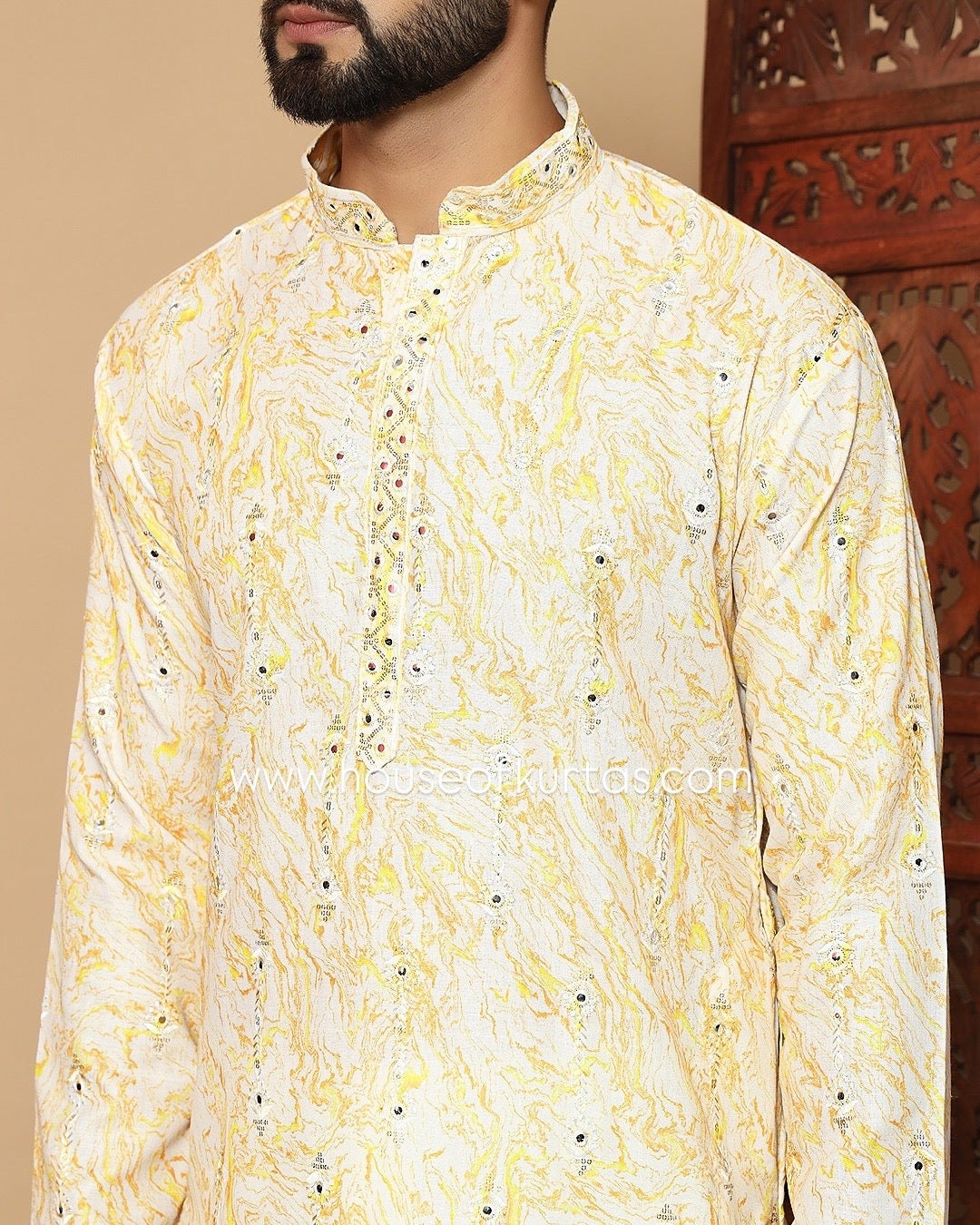 Yellow Designer Embroidery Work Linen Cotton Men’s Kurta