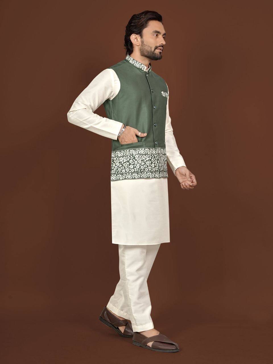 House of Kurtas men nehru jacket,kurta and pants set Olive Green Side View