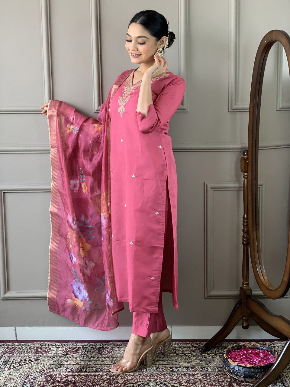 Pink Kurti with Dupatta & Pants Set