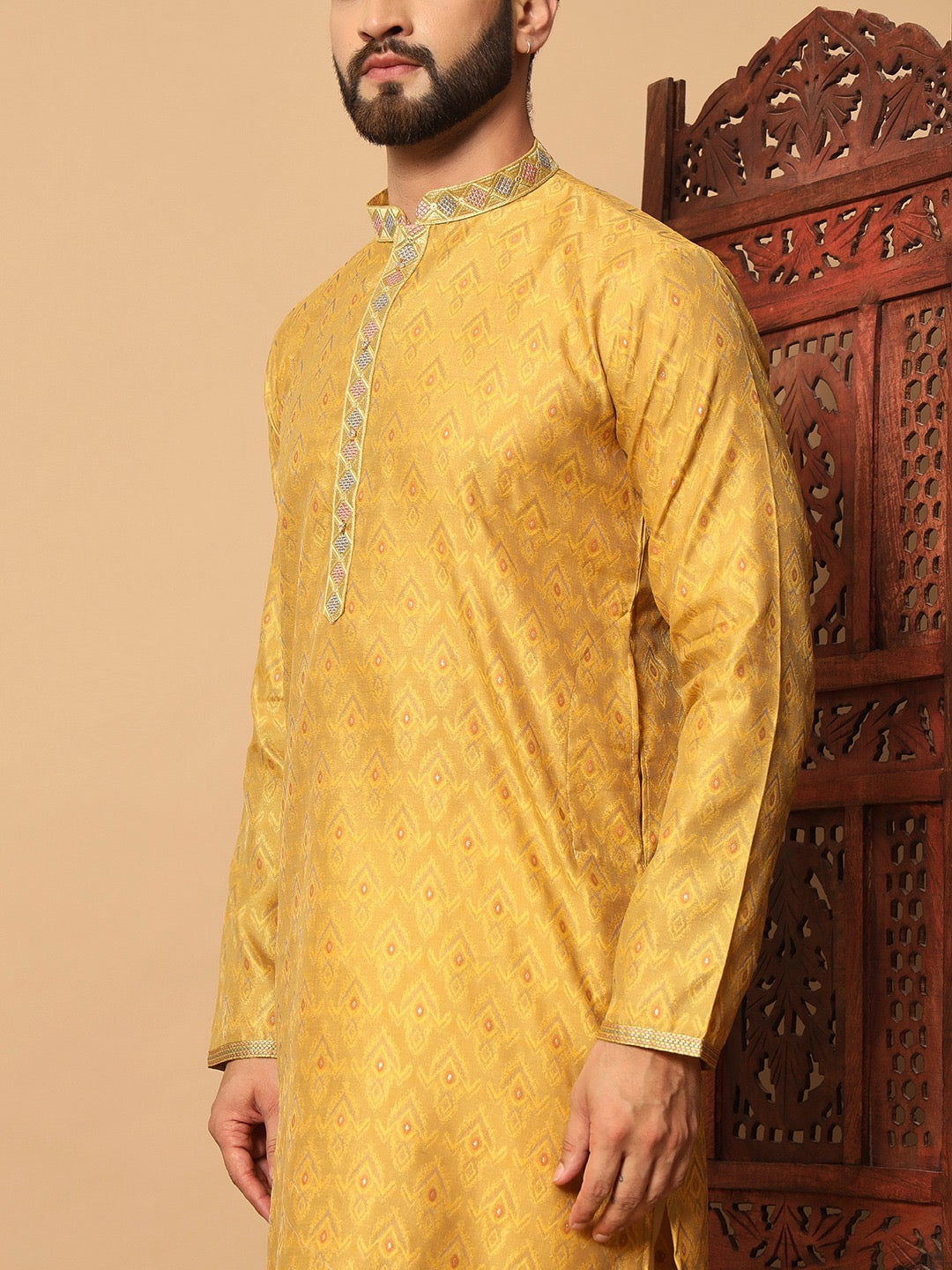 Yellow Jacquard Designer Kurta with Pants