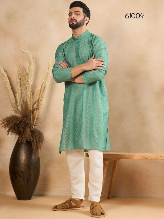 Turquoise Embroidered Men Kurta Set