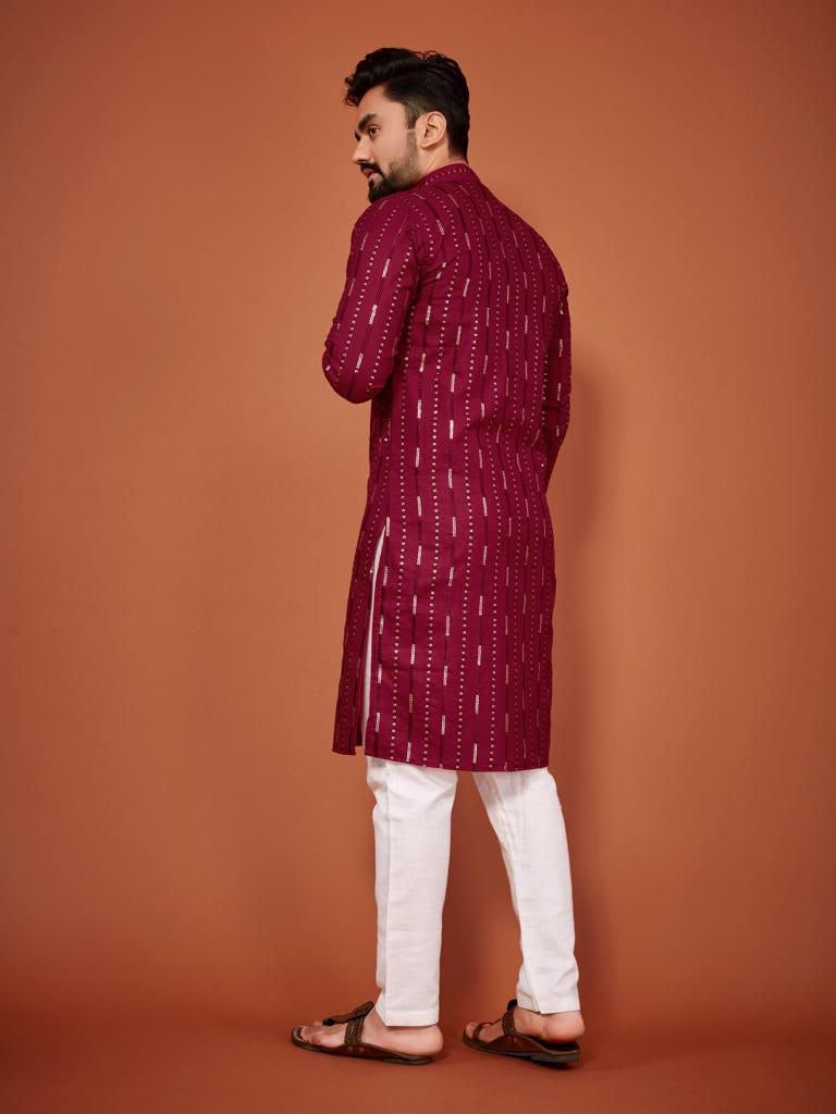 Cotton Embroidered Kurta with Pyjamas - Red