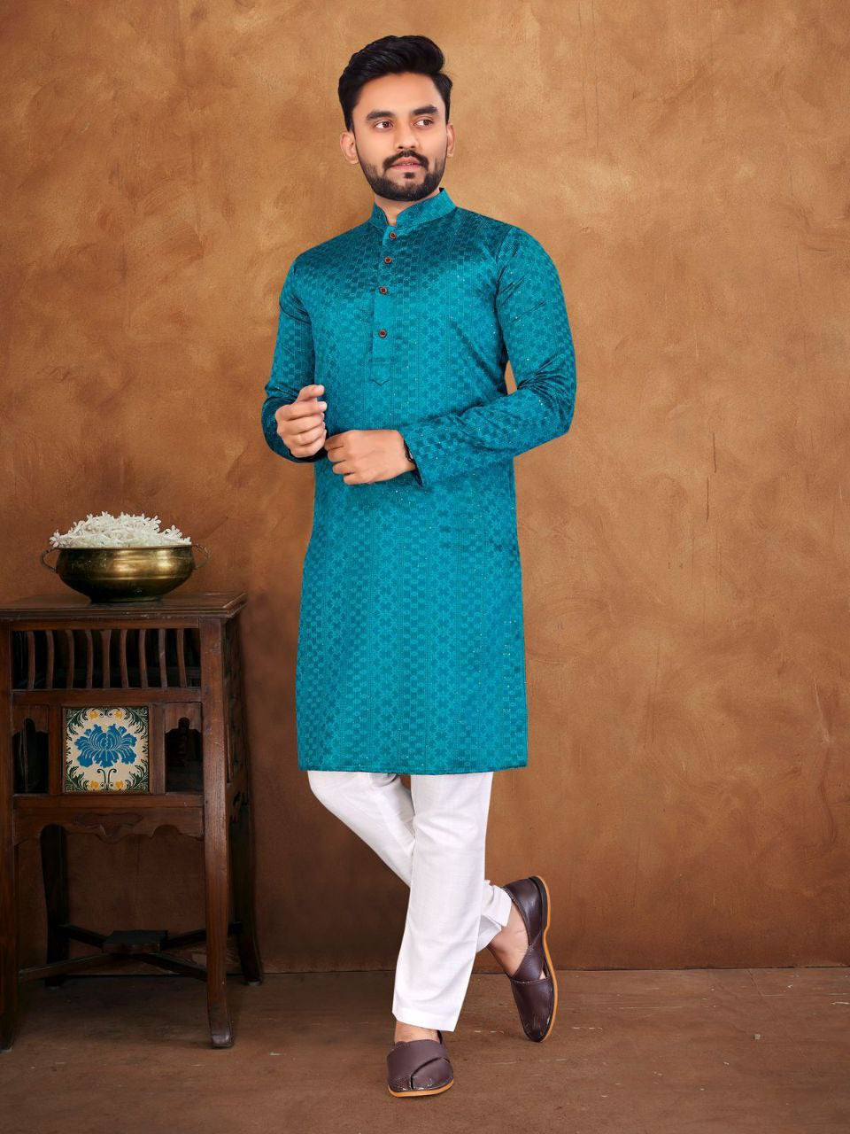 Jacquard Silk Kurta with Pyjamas - Multicolor