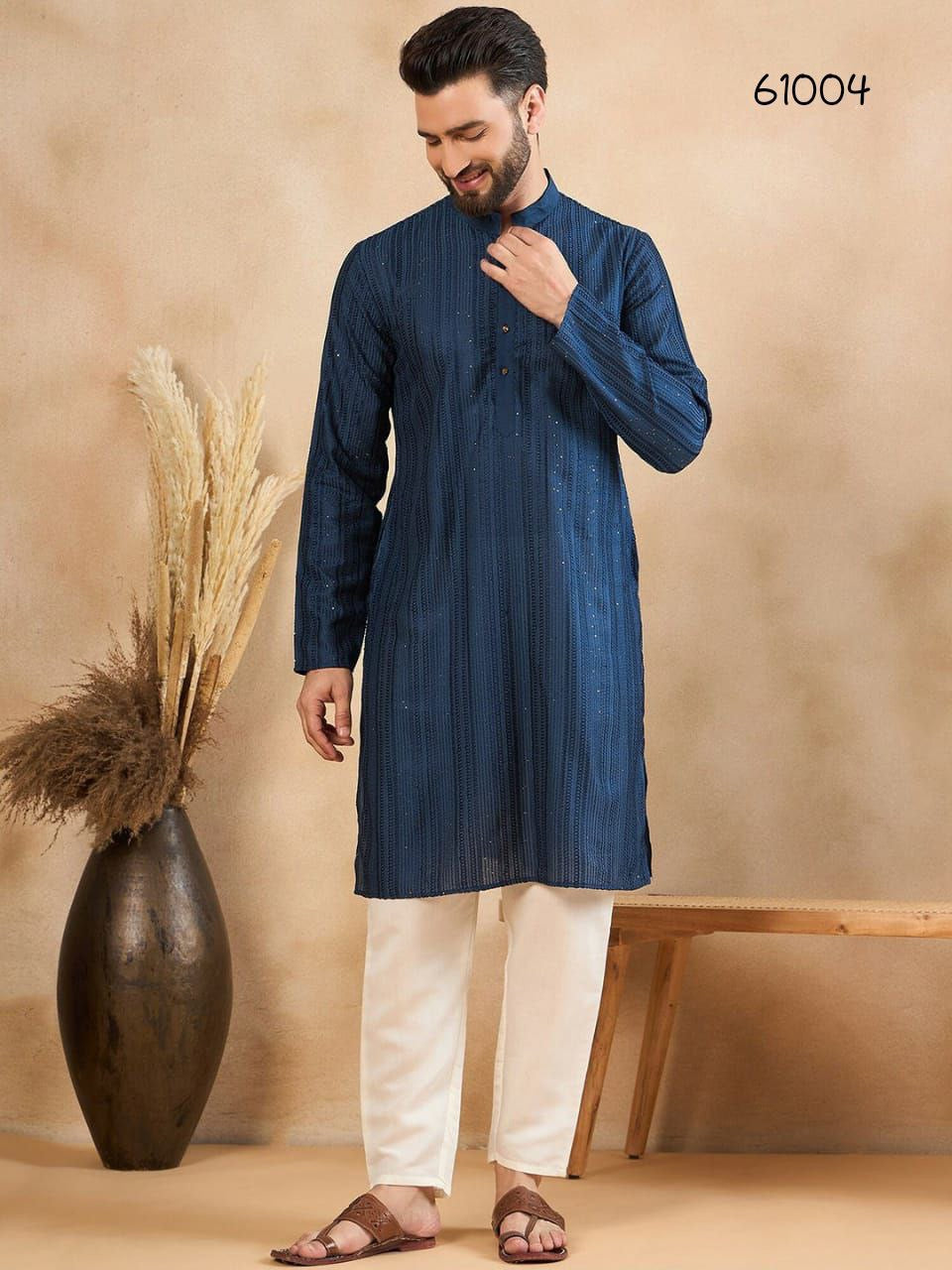 Navy Blue Embroidered Men Kurta Set