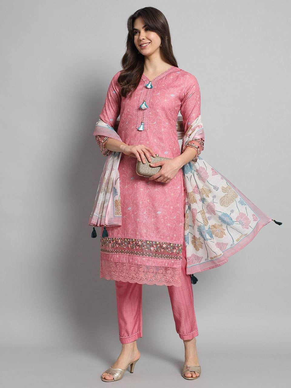 Pink Embroidered Straight Kurti & Pants with Dupatta Set